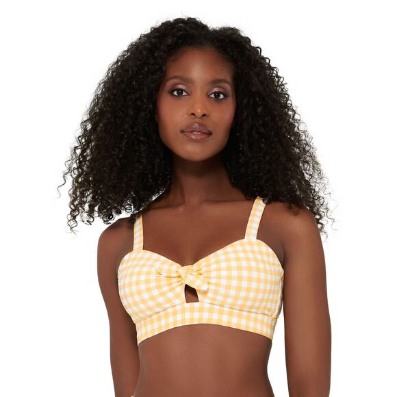 Freshwater Bow-Front Banded Bikini Top yellow gingham size large - Picture 1 of 11